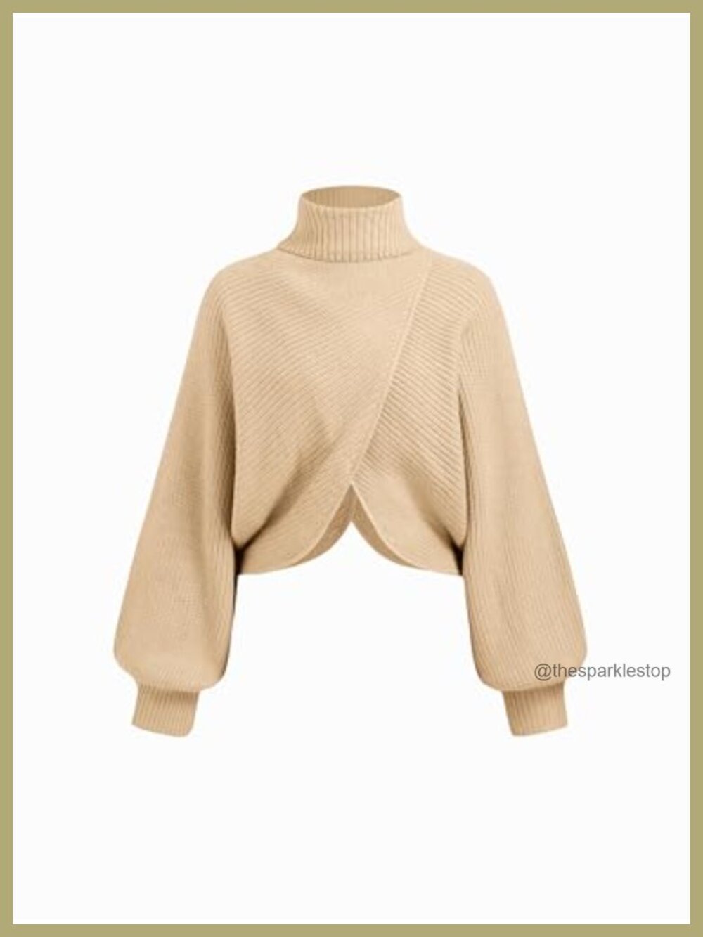 Cropped Turtleneck Sweater with Lantern Sleeves Acrylic Knit Pullover